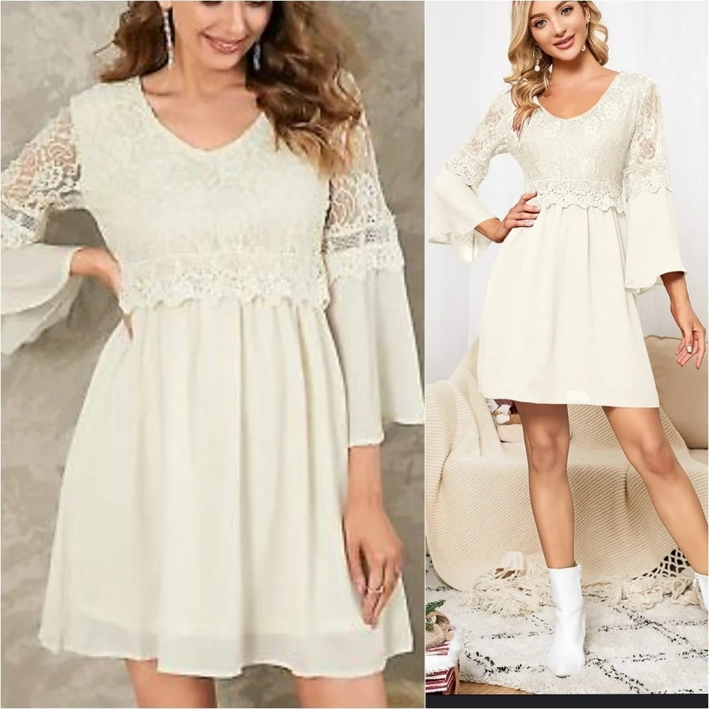 🔥 (5for$35) NWT ZANZEA Cream Lace Top A Line Long Bell Sleeve Boho Midi Dress